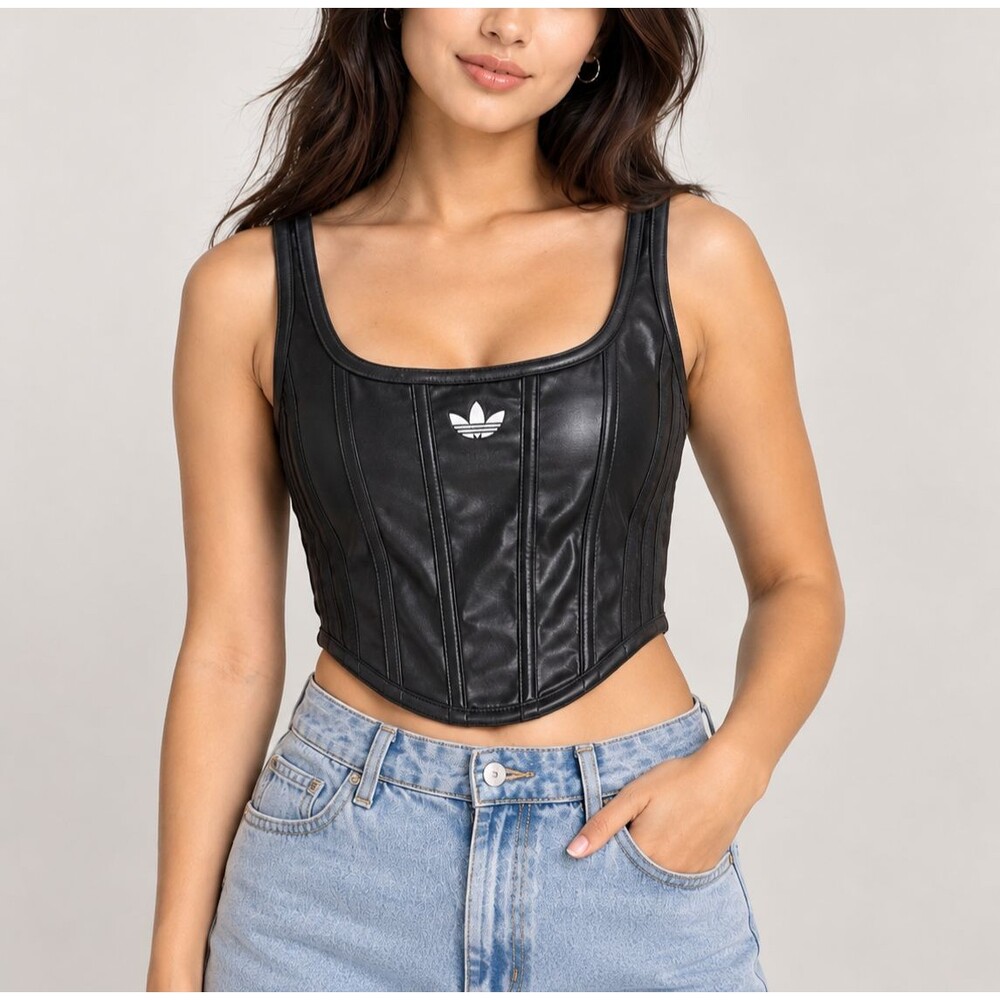 Adidas Originals Women's Pleather Corset Black Top Trefoil XS US 2